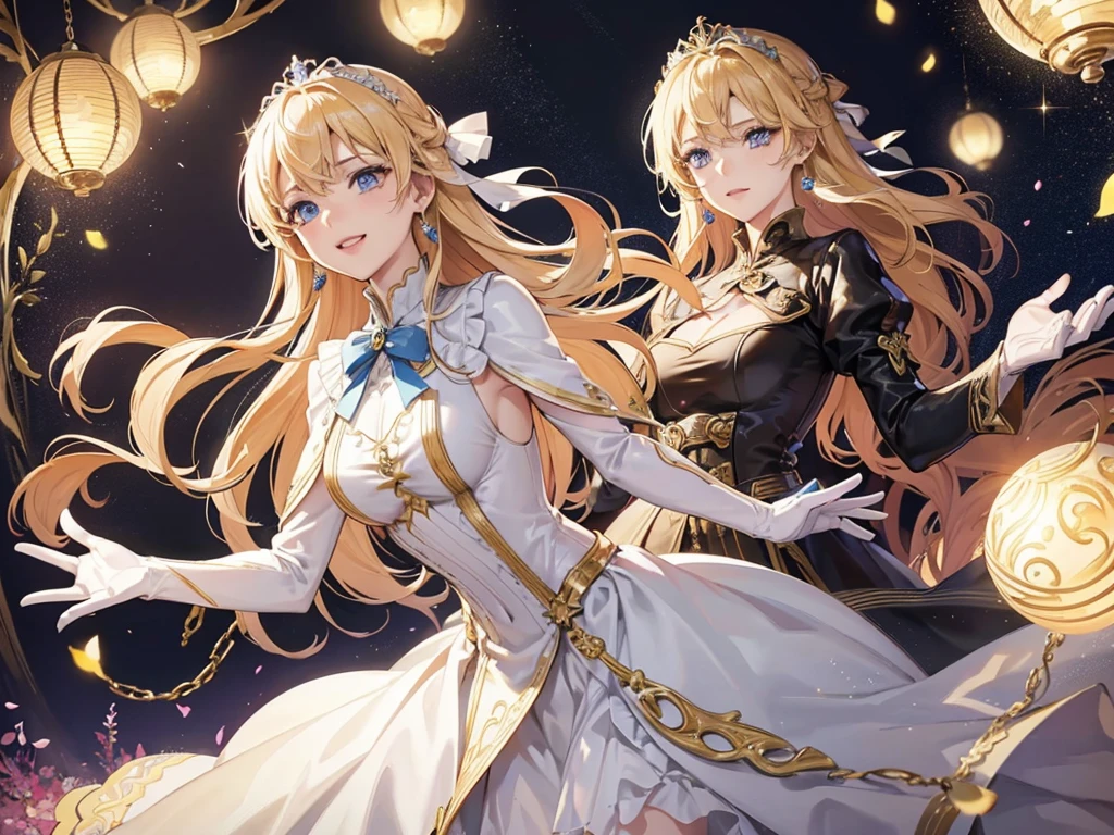 The social debut of lavishly dressed young ladies, 三人のお嬢Mr., Medium Cut, Blonde Hair, Gold decoration, hair ornaments, tiara, (Blue Eyes:1.3), lize, SMILE, smile, Thighs, gloves, Waistline, Earrings, 白いgloves, 指なしgloves, leather trim, White Wedding Dress, ballroom dress, vision(Expert Preference), Leotard Dresses, REST outdoors, REST looking at the viewer, (Cowboy Shot:1. 1. 5)、(masterpiece:1.2)、Highest quality、High resolution、Unity Wallpaper 8k、(An illustration:0.8)、(Beautiful detailed eyes:1.6)、Highly detailed face、Perfect lighting、Highly detailed CG、Mr.々Expression,(Perfect hands、Perfect Anatomy)、