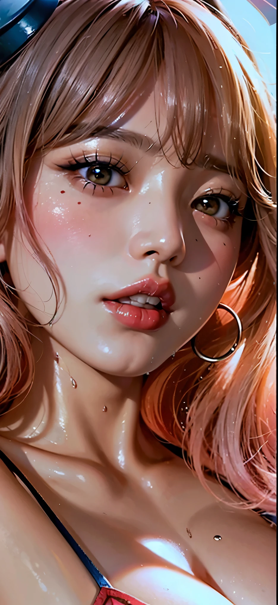 Taiwanese gravure idols gal makeup Light pink slong hair with bangs smoky makeup black eyeshadow Plump cheeks round face Wet and shiny navy blue school swimsuit Rooftop of a building with a steampunk night view ((Gloss rouge bright red lips)) big breasts cleavage (beautiful armpits) sweaty armpits Look at me with shame ((Sweaty, wet and shiny armpits and skin)) ((Close-up depiction of a mature woman's face seen from the floor)) ((Depicted from below)) (Condescended) eye contact close-up of armpit