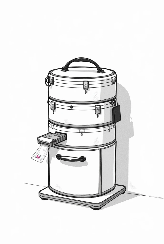 A round makeup kit with 3 compartment stacked on top each other, makeup brush holder attached to one of the compartment, button to hold the compartment in place, and a drawer on the last bottom story with a handle attached to the makeup kit to carry it in black and white sketch art.