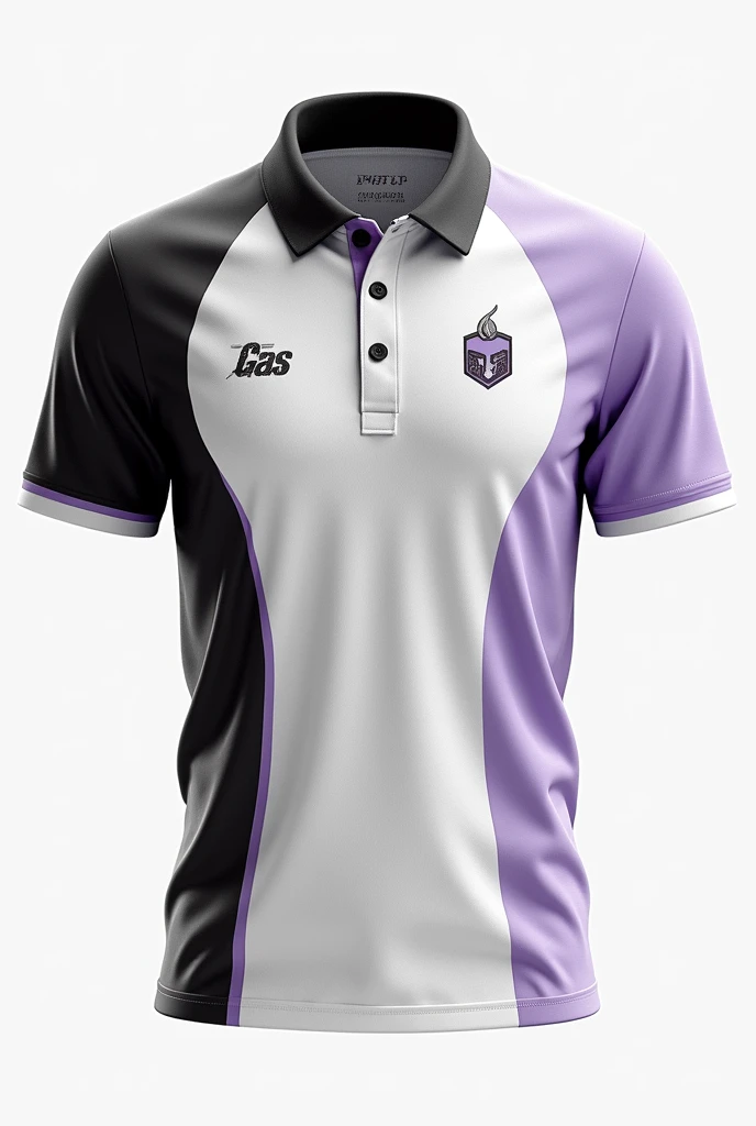 lay out design for our class polo shirt we are senior high school students and our strand is GAS,use this colors white black and lavender,make the design unique and decent