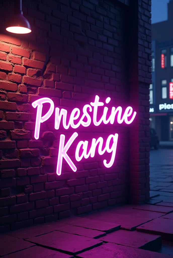 A girly crush pop theme logo titled PRESTINE KANG , purple, aesthetic, y2k number core, night street, no person, broken brick wall aesthetic 