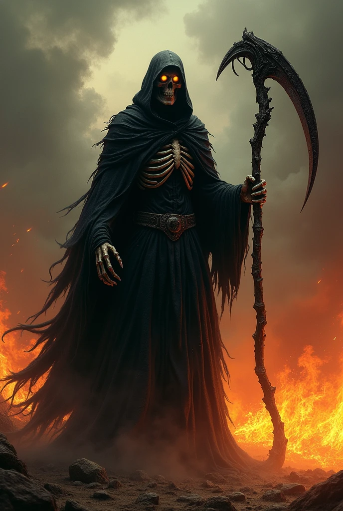 The terrifying Grim Reaper、Full of anger。The background is on fire。Has a big scythe