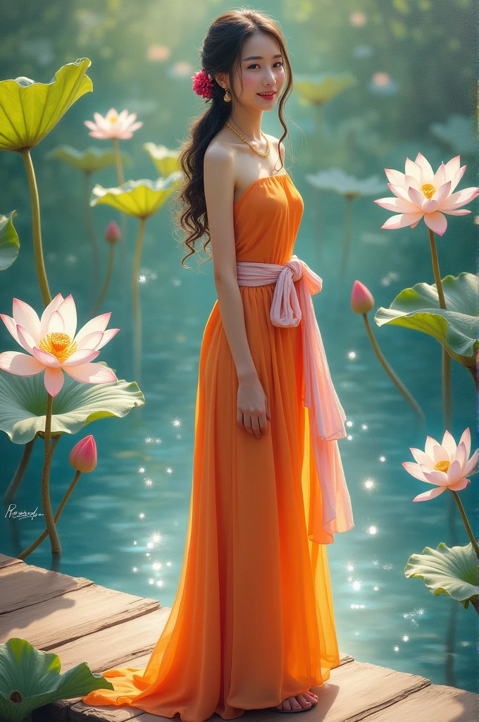 full lenght hiper 2k A beautiful, sweet, and gentle 20-year-old young woman in a beautiful orange Dusit Thai dress, a pink and white gold silk sash, standing on the edge of a bridge next to a beautiful white lotus pond. The light is glowing and sparkling. The oil painting is bright and the atmosphere is refreshing. The 3D painting is an art painting by Professor Chalermchai.