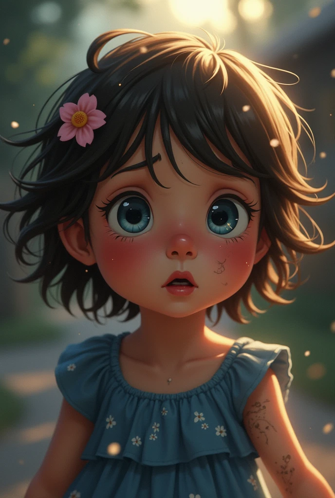 Second Idea (Cielo's Perspective):
Description: In this scene, we don't see Cielo from the outside; instead, the perspective shifts to her eyes, showing us what she sees in her final moments before fainting. Her vision is blurred, and the world around her becomes a mess of indistinct shapes and colors. The burning house, the trees, and the nearly dark sky blend into shadows and lights, losing their definition. Through this visual haze, the only clear image is her brother, Ángel, running towards her. His face is twisted with anguish and fear, tears streaming down his cheeks as he desperately cries out, "Cielo!" with all his might. Ángel's distressed figure is the last thing her eyes capture before darkness completely takes over, with his voice echoing in her mind just before she loses consciousness.
Cielo: A with short brown hair that reaches just above her ears. She has a small pink flower in her hair. She wears a blue dress with tiny white floral dots.
Ángel: A 9-year-old boy with brown, slightly wavy, and messy hair. He wears glasses that frame his bright blue eyes. He is dressed in casual clothes with scratches and bruises on his arms and legs, showing his adventurous nature.