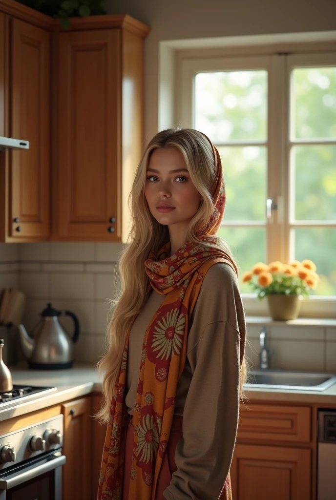 Beutiful German woman, blond hair, in kitchen, wearing hijab