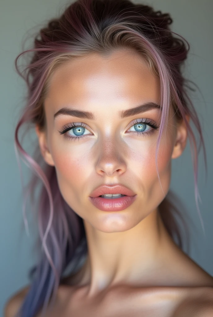 Create a close-up portrait of a stunningly beautiful Scandinavian woman with fair, flawless skin, and deep blue eyes. She mid length, flowing pink and blue gradient hair in ponytail. Her facial features are delicate and symmetrical, with high cheekbones, a well-defined jawline, and full lips with a natural pink hue. The lighting should be soft and flattering, enhancing her natural beauty, and the background should be neutral to keep the focus on her face. She should have a seductive sexy expression.