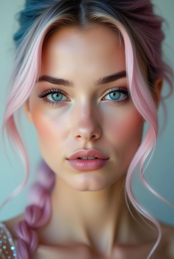 Create a close-up portrait of a stunningly beautiful Scandinavian woman with fair, flawless skin, and deep blue eyes. She mid length, flowing pink and blue gradient hair in ponytail. Her facial features are delicate and symmetrical, with high cheekbones, a well-defined jawline, and full lips with a natural pink hue. The lighting should be soft and flattering, enhancing her natural beauty, and the background should be neutral to keep the focus on her face. She should have a seductive sexy expression.