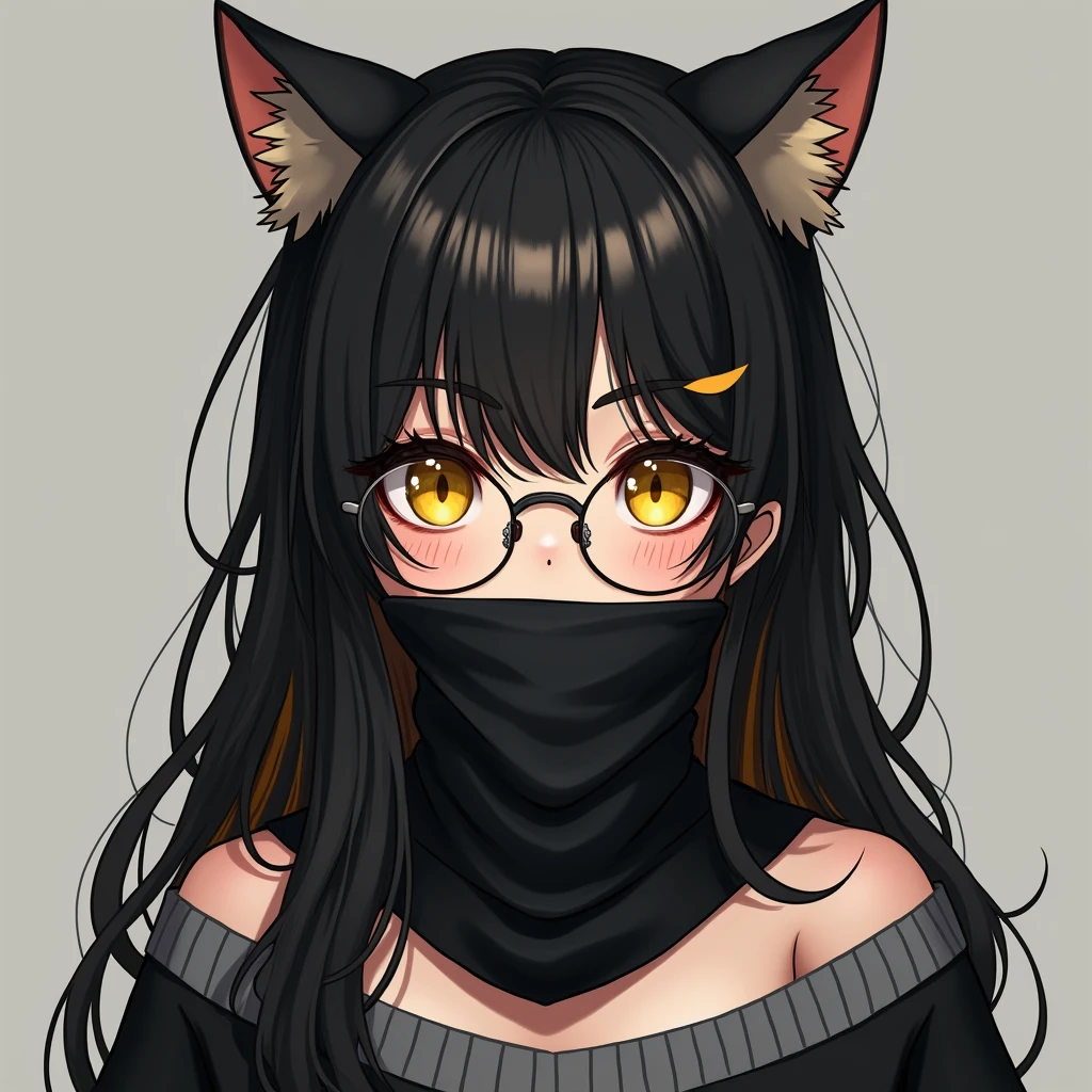 Beautiful, mature teen with pale skin. Wears a black scarf that covers the bottom half of her face, up to her nose. Eyes are bright yellow. Has bangs that cover the right side of her face and right eye. Is wearing a black and grey off-the-shoulder sweater. She is cynical and stand-offish. black long hair, yellow hair tail, black and yellow Hair, wear round glasses, A pair of cat ears on the head