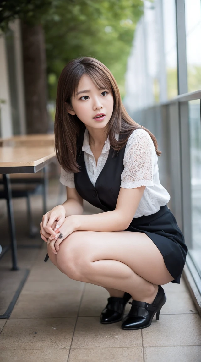Ulchan-6500-v1.1, (RAW photo:1.2), (Photoreal), beautiful detailed girl, (genuine: 1.4), very detailed目と顔, beautiful and fine eyes, Vests with various patterns、((Sitting with legs aligned:1.3))、(super realistic pantyhose:1.2), (high heels)、((Business service))、(very affectionate smile:1.2)、huge file size, High resolution, very detailed, highest quality, [masterpiece:1.6], enlightenment, very detailed, finely, highest quality, 8k wallpaper, movie lighting, 1 girl, 26 years old, perfect body shape, Cute droopy eyes、beautiful big eyes、highest quality, 1 girl, eye shadow, Upper body, portrait, ((full body shot:1.2))、