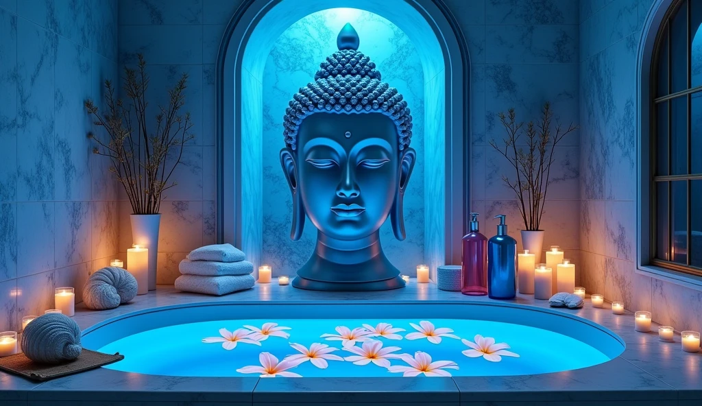 evening spa blue light tile and gold ((hyper detailed 8k)) luxury Bathroom with spa Buddha head and candles and giant nautilus shell, spa ritual aesthetics, thai franjipani flowers in the bath, blue and white towels, blue marble interior, product photography with beautiful blue and pink spa bottles for soap, epic view shot cinematic 35 mm 8k uh