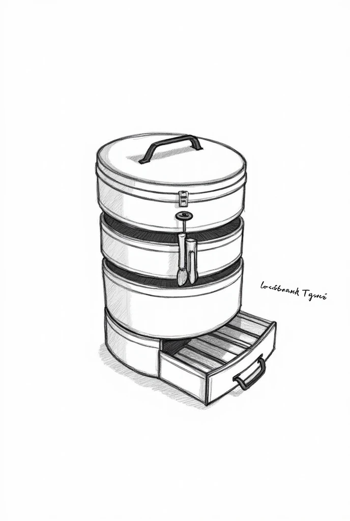 A round makeup kit with 3 compartment stacked on top each other, makeup brush holder attached to one of the compartment, button to hold the compartment in place, and a drawer on the last bottom story with a handle attached to the makeup kit to carry it in black and white sketch art.