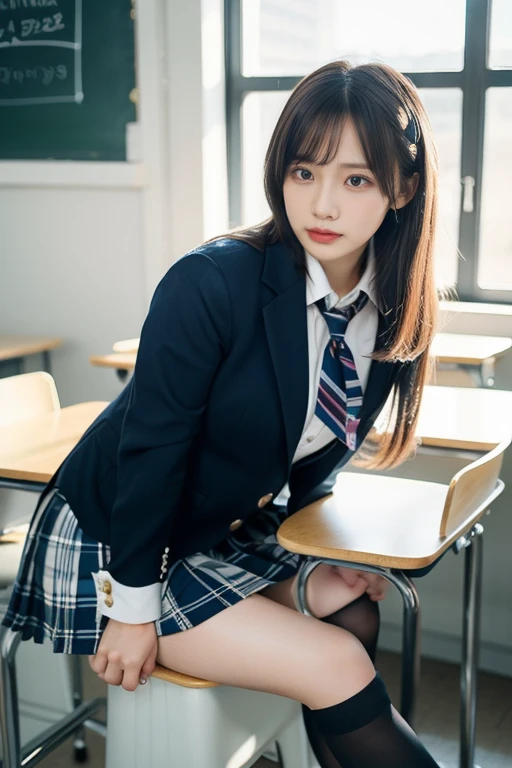 The pieces fly, Highest quality, figure, Very detailed, The finer details, High resolution, 8k,wallpaper, Perfect dynamic composition,(Detailed high quality, Realistic depiction of eyes:1.3), From the side, High school classroom、Schoolgirl uniform、blazer 、Super Short Check Uniform Skirt、Flip-up skirt、(White panties)、Navy blue knee-high socks、garter belt、huge 、Disheveled uniform, Short Bob Hair, Black hair color, Large Breasts, Big Natural Color Lip, Bold sexy pose, (Perfect figure), (Show off your skirt flipping up)、Crying a little、Cold Stare, Harajuku Style、20-year-old girl、Cute type, Beautiful feet, Gravure idol pose, Voluptuous thighs