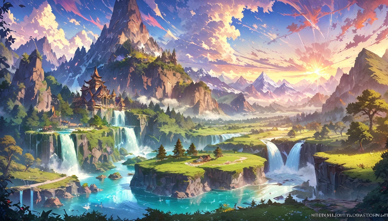 Mountain with a waterfall and some trees in the foreground々, Impressive and fantastic scenery, an Magnificent scenery, Fantasy painting，Lovely, Fantasy art landscape, most Magnificent scenery, 4k HD matte digital, Epic fantasy landscapes, 4K High Definition Digital Art, Epic dreamlike fantasy landscape, Magnificent scenery, 4K Matte Paint, Ross Chen. Landscape background