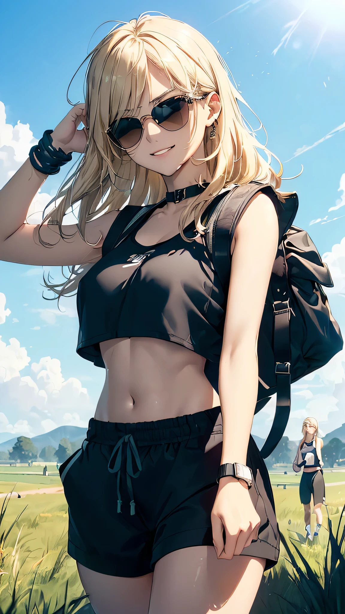 最high quality、Best image quality、masterpiece、woman((18-year-old、Sportswear、Black sports bra、Blue shorts、Best Bust、Bust 85、Blonde、Long Hair、blue eyes、Open your chest wide、valley、happiness、Black wristband on wrist、Slender、smile、耳Nipple Ring、running、The wind is blowing、sweating、Hunchback、Black Rucksack、Sports Sunglasses))high quality、Visual Arts、background((grassland、Grass path))、Tabletop、