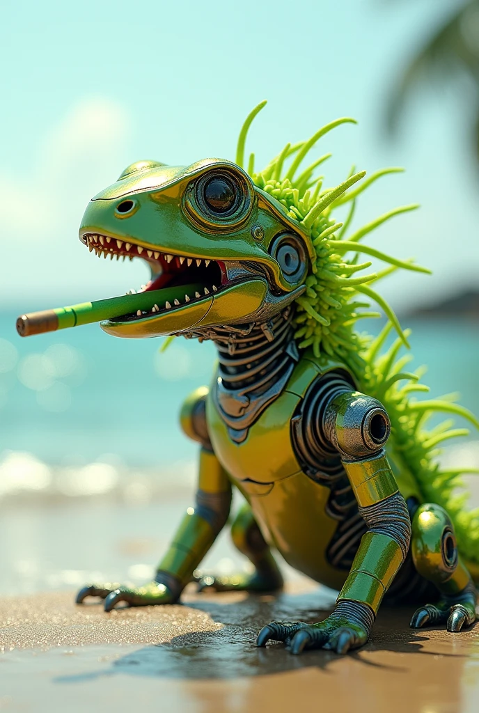 A robotic lizard smoking a green cigarette on the beach, lime green trichomes sprouting from its body