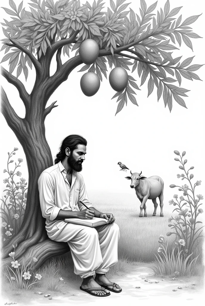 A man writing a poem behind a mango tree, cattles are grazing around, some green plants with flower,
Parrots are cutting mangoes on the tree, a indian villageinvironment, pencil sketch, black and white, poet without beard