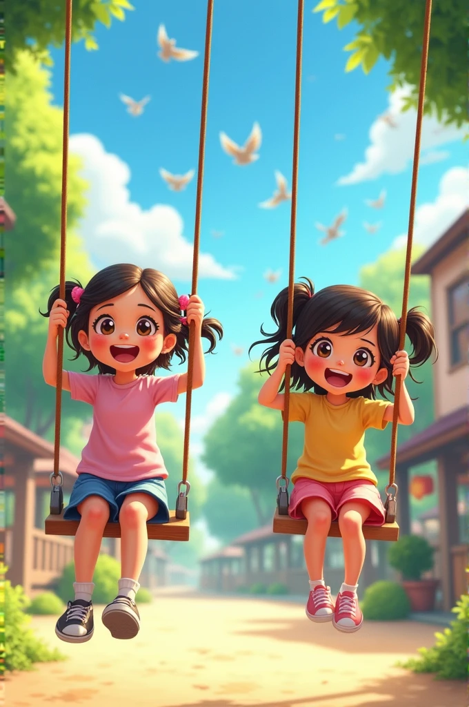 Draw two girls playing on swings in a sunny village playground. Show them laughing and enjoying the day, with birds flying and trees in the background