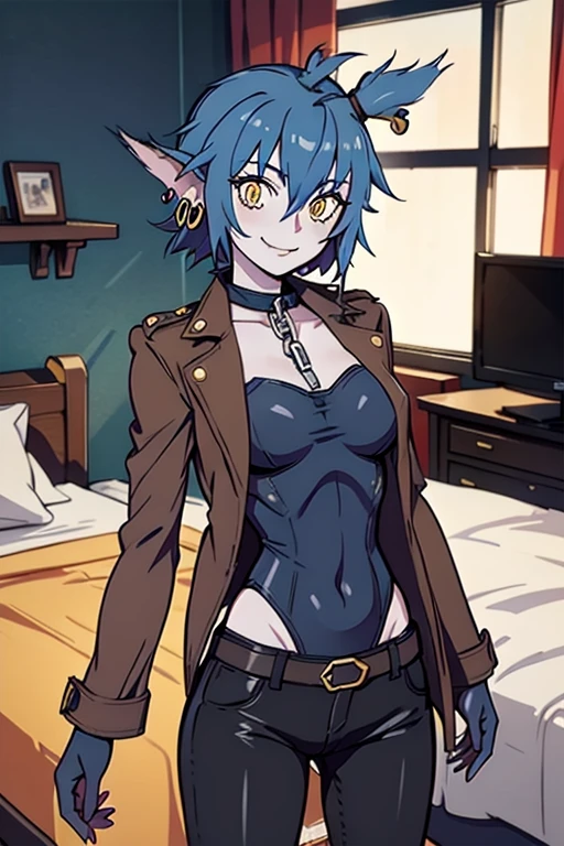 Wolfie, hells, 1girl, leather pants, leather bodysuit, gloves, earring, blue hair, furry character, yellow eyes, smile, Masterpiece, Best Quality, room, leather trench coat