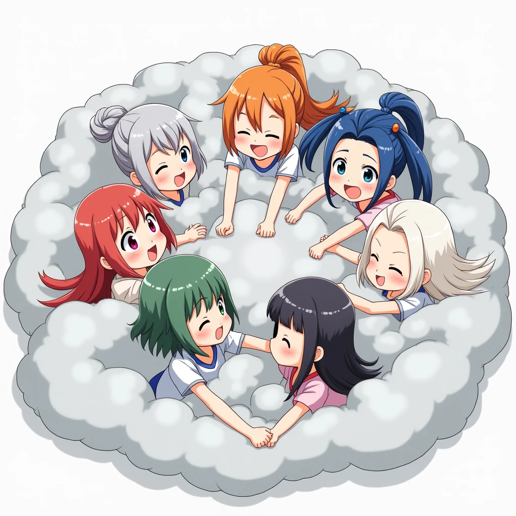 An anime-style illustration depicting six girls  playfully wrestling with each other inside a light gray comical fight cloud (dust cloud).
each girl has different  colored hair: one with silver hair braided,another  with orenge short hair,another with blue braided pigtails,another with green twin tailes anouher with black bob-hair and on white long hair.
their faces,hands,and feet are visible emerging from the cloud as they tussle humorously,  with the rest of their bodies completely hidden inside the cloud.
the illustration emphasizes the humorous and energetic nature of their scuffle,with a fluffy  and exaggerated fight cloud.