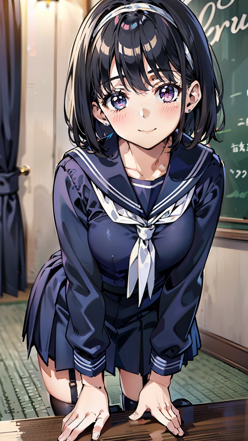 sailor uniform, One Woman, (A beauty woman, Delicate high school girl:1.3), 8K, highest quality, masterpiece, Very detailed, Ultra-high resolution, Realistic, RAW Photos, Absolute Resolution, Black Hair, Bobcut, Small face compared to body, Very small face, Black Hair, ((Navy blue sailor suit)), Navy Blue Skirt, High school girl in sailor suit, 2D Rendering of Anime, ((White headband)), Small breasts, tall, Slanted Eyes, Purple Eyes, Black Stockings, garter belt, Embarrassed smile, (Take a photo with your smartphone:1.4), (Top-down position:1.3), blurry background, (ひまわり畑:1.4), 