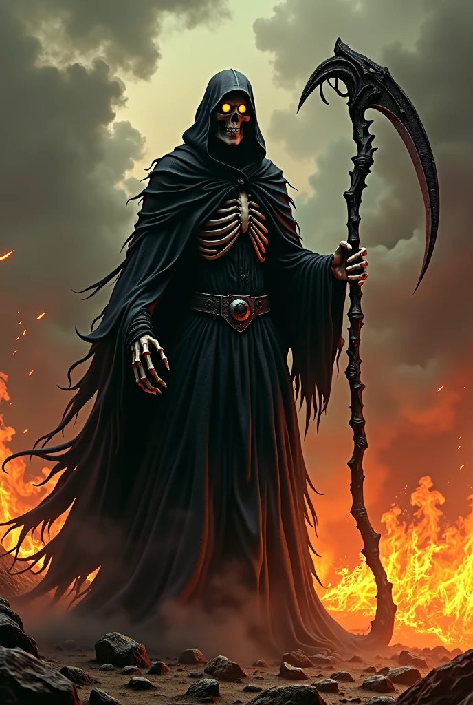 The terrifying Grim Reaper、Full of anger。The background is on fire。Has a big scythe