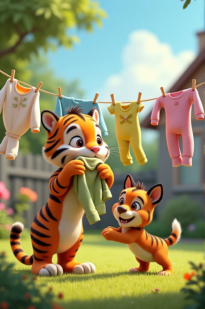 Toby( tiger)and Dax, (Dog) with Mrs. Jenkins' help, start putting the laundry back on the clotheslines. Toby carefully carries the clothes in his mouth, while Dax uses his tail to dust off the dirt. Despite the mishap, they turn the cleanup into another fun game.