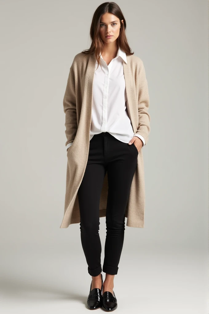 image: white shirt, beige oversized cardigan, black pants, loafer