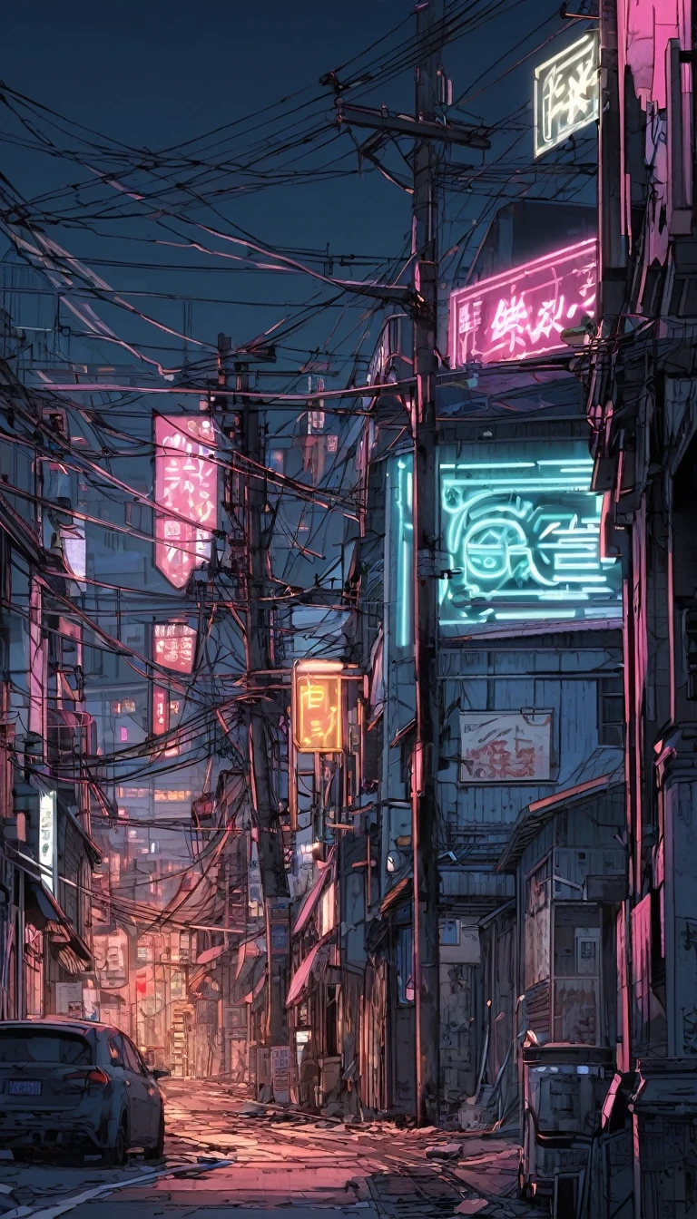 cyber punk　cyber punkアート　Streetscape　古いビルが並ぶStreetscape　Neon sign　沢山のNeon sign　telephone pole　Electric wires are tangled　　Beautiful picture　Exquisite illustrations　Great illustrations