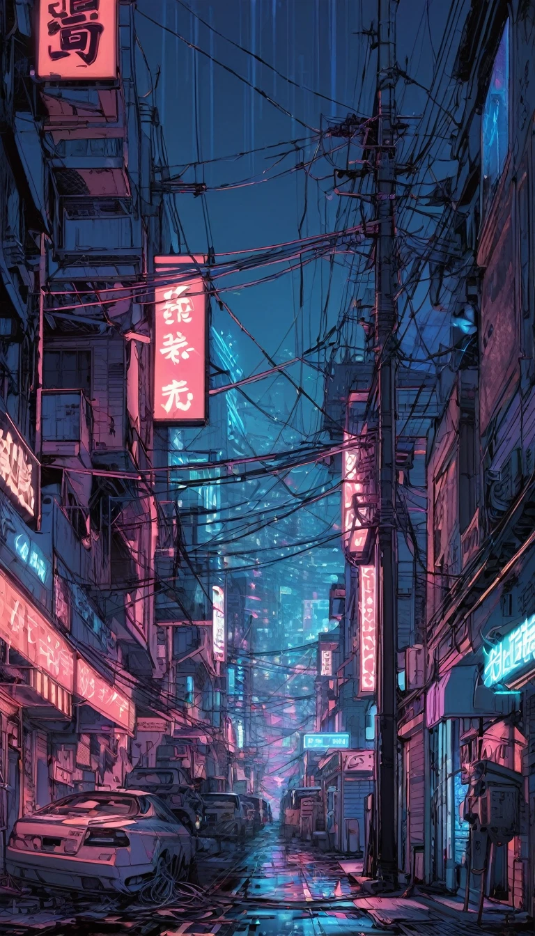 cyber punk　cyber punkアート　Streetscape　古いビルが並ぶStreetscape　Neon sign　沢山のNeon sign　telephone pole　Electric wires are tangled　　Beautiful picture　Exquisite illustrations　Great illustrations