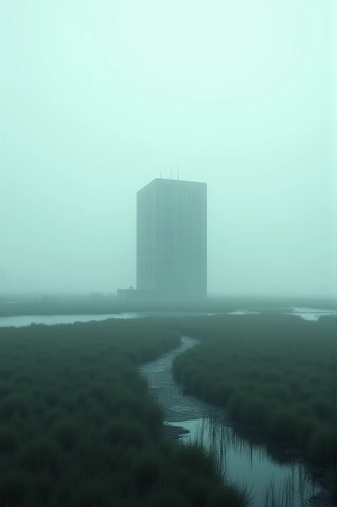 steppe,fog,белое абсолютно безоблачное fogное небо,dark green-blue grass,Early morning,Mainly cloudy,humidity,puddles,there is a river in the distance,There are some reeds near the river,close-up of a lonely grey tall nine-story panel house with four entrances,in the middle of the steppes,view from the window of a nine-story building,there is only grass and a river around