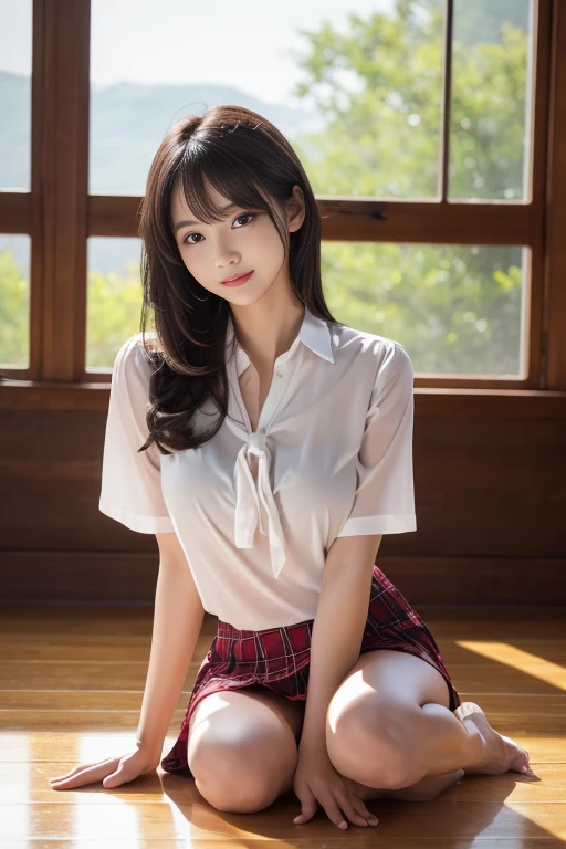8k, Raw photo, highest quality, masterpiece:1.2), masterpiece, highest quality, figure, Very detailed, Fine details, High resolution, 8k,wallpaper, Perfect dynamic composition,(Detailed high quality, Realistic depiction of eyes:1.3)、A woman who has been and has her hands tied、Arms wrapped around his back, hands tie behind back, Sitting on a bright gym floor with feet together and knees bent in front of each other、With legs wide open、Tartan plaid pleated skirt、whole body、White panties are visible、The whole thing faces forward、21talent、Beauty、Well-formed face、Make your eyes even、Beautiful black hair、Has bangedium build、Well-balanced proportions、Beautiful legs、Short sleeve blouse、Fresh face、Beautiful scenery、smile、Large Breasts1.4