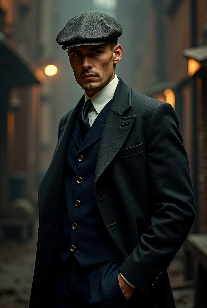 Create an AI-generated image of Thomas Shelby from "Peaky Blinders." He should be portrayed with his signature look: a tailored dark woolen three-piece suit, a flat cap tilted to one side, and a serious, intense expression. His hair should be neatly styled in a slick undercut, and he should be standing against a moody, industrial backdrop reminiscent of 1920s Birmingham.