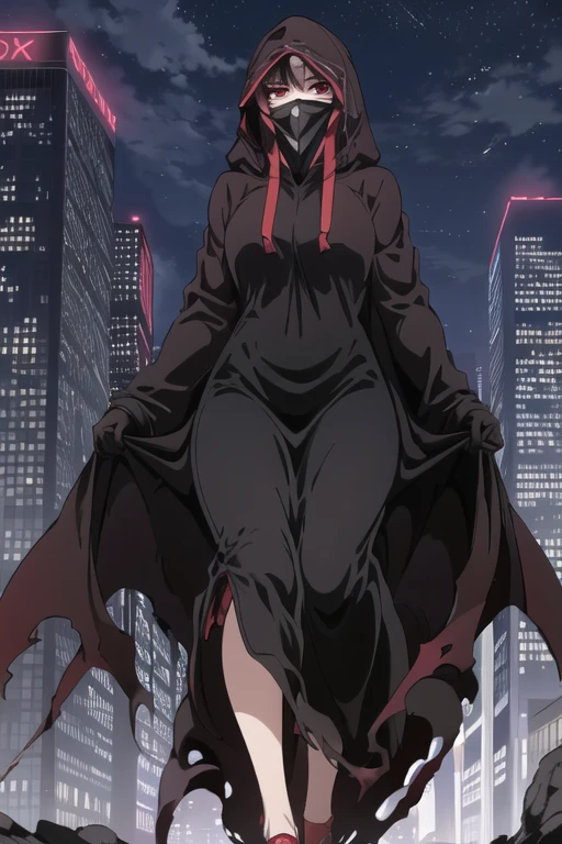 NNAssassinFSF, 1girl, solo, black hair, long cape sleeves, sleeves covered hands, long skirt, robe dress, long cape, cape, black cloak, hood up, black robe, covered mouth, white gloves, mask, hooded cloak, ((masterpiece, best quality)), from below, walking, red eyes, happy look, city, night