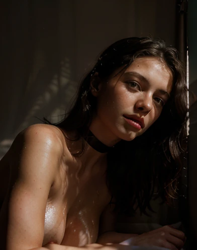 (seductive:1.1) (18.3) year old (woman:1.1) (lying:1.1) under the (covers:1.1), (only:1.1) her breasts visible (dark:1.2) wavy hair is totally (naked:1.1) in a completely (dark:1.1) open room with the (only:1.1) (soft lighting from one large softbox directly above and in front of her:1.1). She is wearing a BDSM (red choker:1.1) She is (sensual:1.4) and (glistening:1.2). The scene is shot with (Kodakportra1600:1.1) (filmgrain:1.1) (Analogcamera:1.1) (Sharpdetails:1.1) (50mm:1.1)