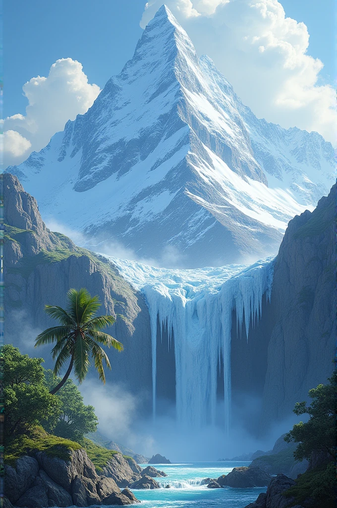 Ice Mountain with water falls and pam tree