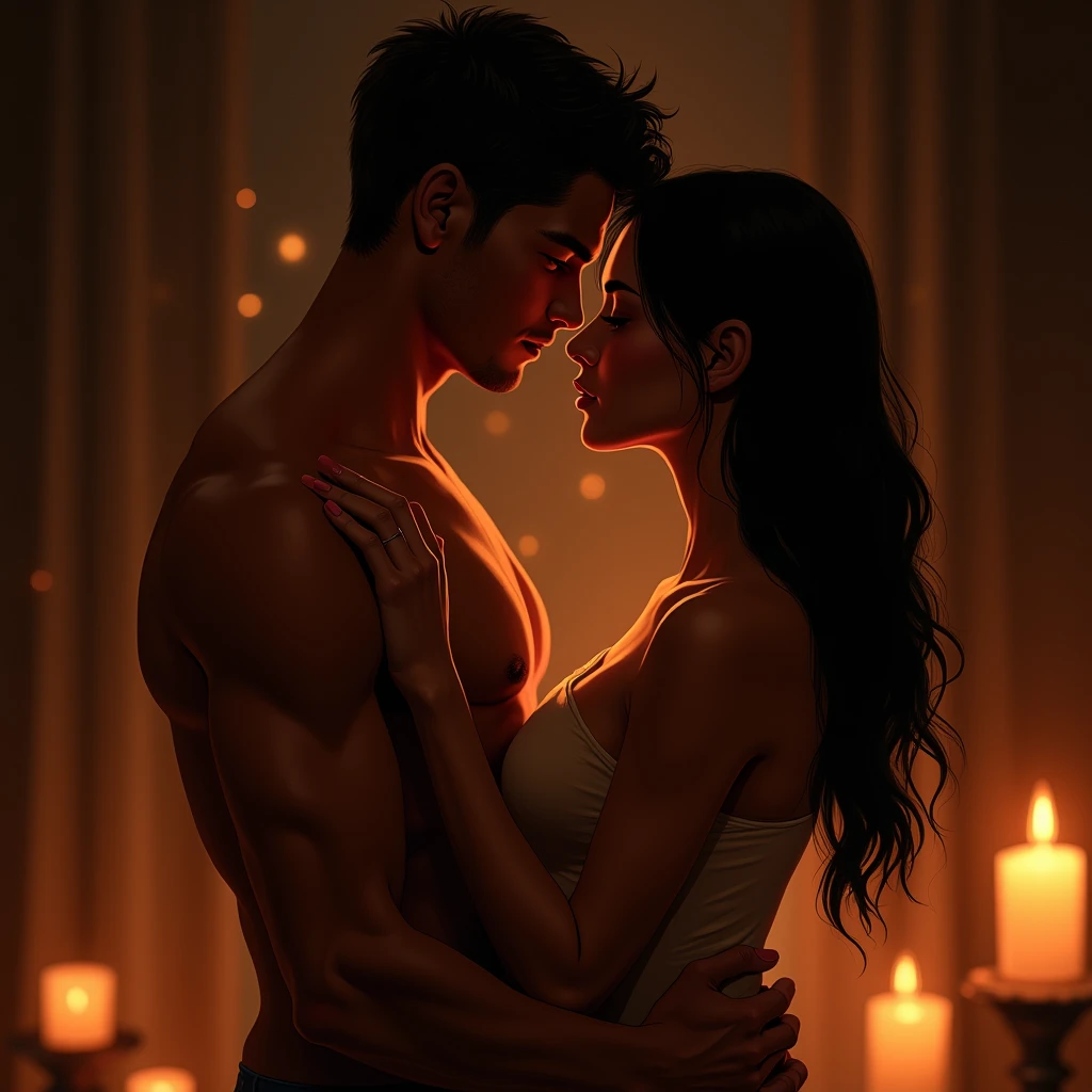 Soft candlelight illuminated the romantic atmosphere as Kalina and Rafe stood hugging each other, lost in each other's passion. Their eyes locked, burning with desire and love. Rafe's strong hands caressed Kalina's bare back, sending shivers down her spine as he pulled her closer, their bodies intertwined.*
Kalina and Rafe: Darling, you're taking my breath away, Kalina whispered, her fingers stroking Rafe's sharp jaw.