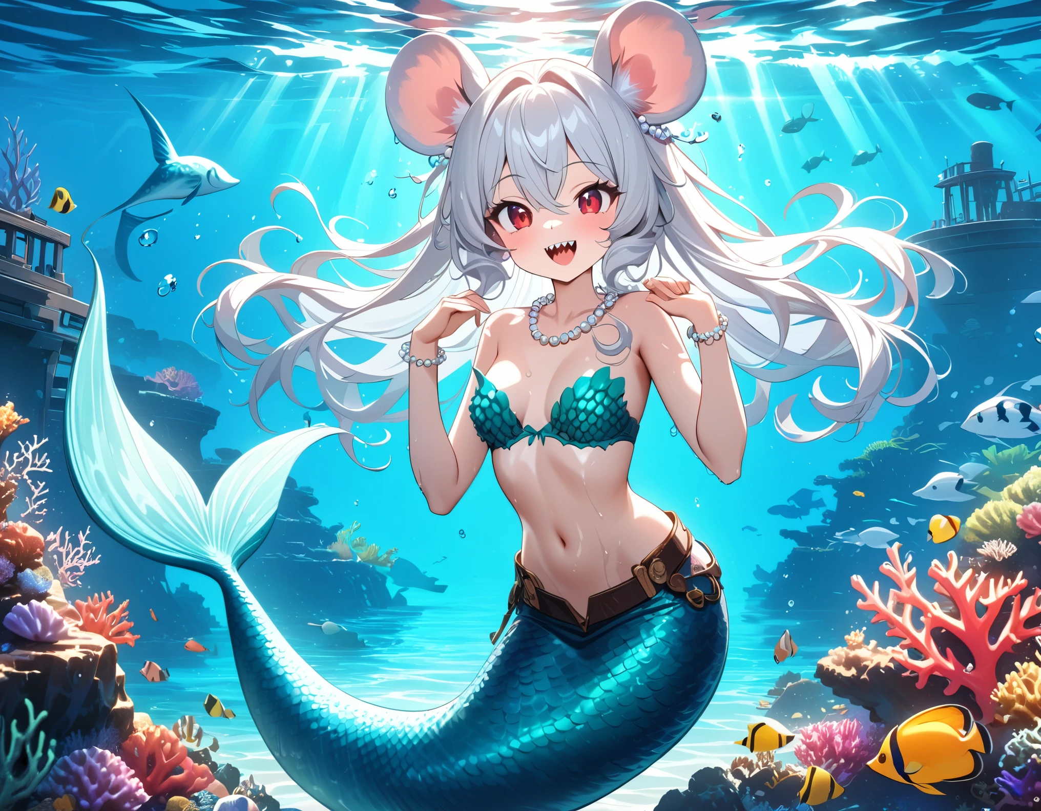 (best quality,4k,8k,highres,masterpiece:1.2),ultra-detailed, Pretty anthropomorphic albino mouse girl magically transformed into a beautiful mermaid, race swap, fantastic transformation, sharp teeth, is smiling, drawn in anime style, steampunk, fishlike, wet body, very long curly white hair, red eyes with long eyelashes, white fur, slim body, whiskers, mouse ears with pearl earrings, long mermaid tail below waistline with shimmering cyan fish scales, pelvic and dorsal fins, a pair of fish gills on her torso, seashell bra, pearl bracelets, pearl necklace, joyful expression, playful mermaid poses, sparkling water, water reflections, ethereal atmosphere, subtle glow, whimsical and enchanting, checking her new body, underwater world, colorful coral reef, magical underwater lighting, vivid colors, breathing underwater, endless ocean depths, sunlight filtering through the water, Highly detailed, masterpiece, high quality, 4K.