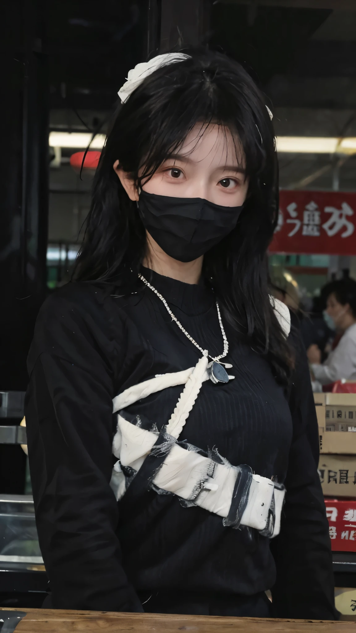 黑色wear mask,Best quality,黑色wear mask,Ultra-high resolution,(Reality:1.4),(黑色wear mask:1.4),Cute hairpins,girll,Cropped black sweater,wear mask,Look directly at the audience,Full of atmosphere,Beautiful woman with a slim figure:1.4,黑色wear mask,supermarket,whole body,Super delicate face,Exquisite eyes,Double eyelids,necklace,黑色wear mask,