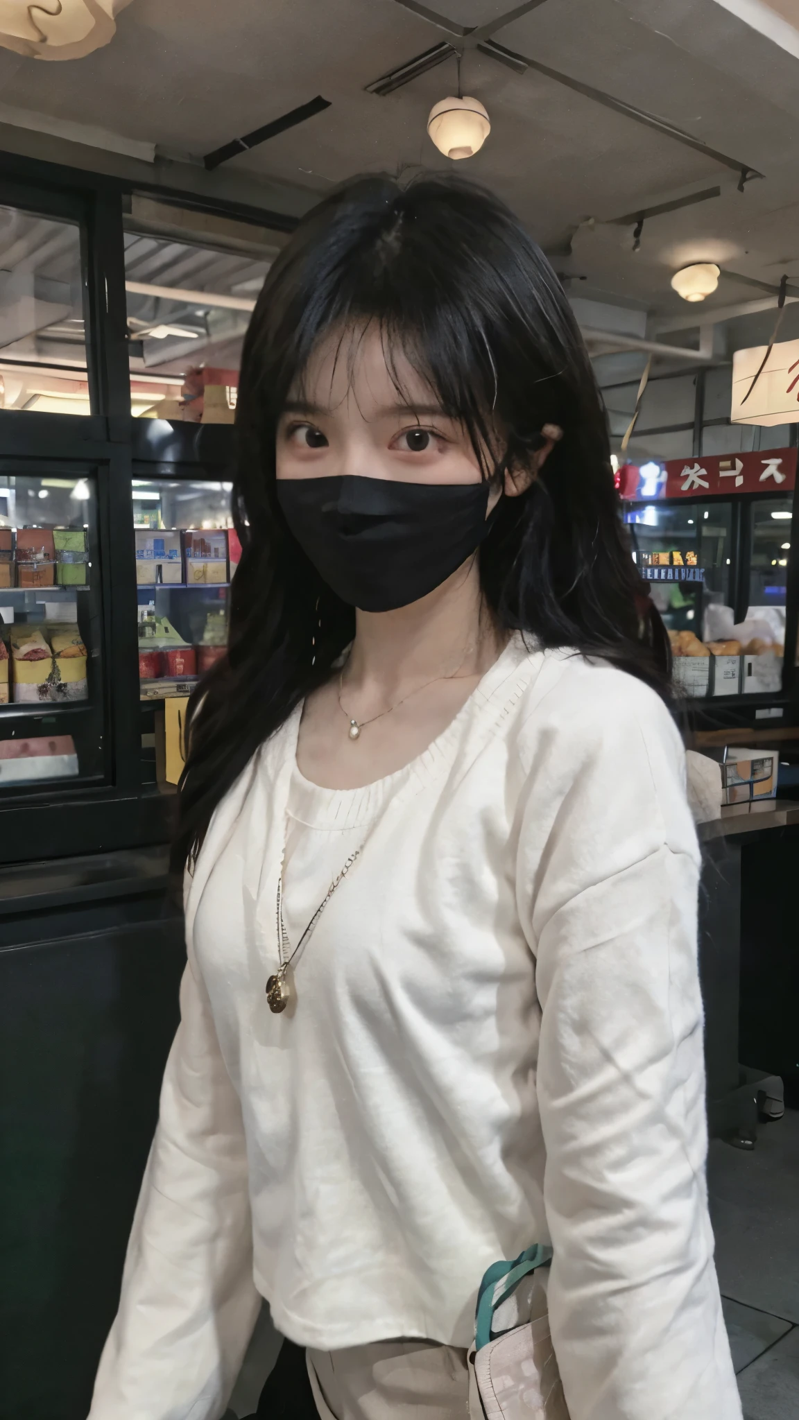 黑色wear mask，Best quality，黑色wear mask，Ultra-high resolution，(Reality:1.4)，（黑色wear mask:1.4），Cute hairpins，girll，Cropped black sweater，wear mask，Look directly at the audience，Full of atmosphere，Beautiful woman with a slim figure:1.4，黑色wear mask，supermarket，whole body，Super delicate face，Exquisite eyes，Double eyelids，necklace，黑色wear mask，