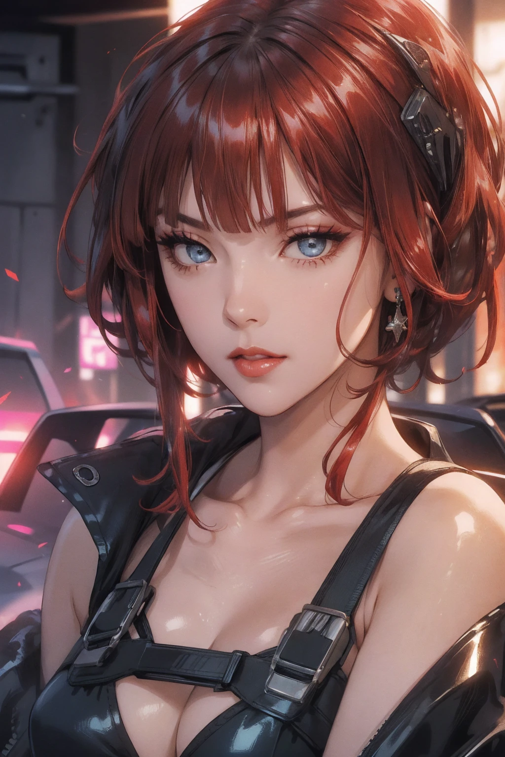 1girl,a beautiful fashion model ,(masterpiece, detailed background, best quality),short and shiny hair, red hair, hair with highlights, bangs, smirk,juicy lips,red lips, calmart, lingerie, stripping, elegant makeup, blue eyes, full body shot, (shiny skin), cyberpunk, sci fi, boa, extravagant jewelry, cocky expression, covered in jewelry, fancy, , bra, thong, stripping, cyberpunk club, (stripper pole)