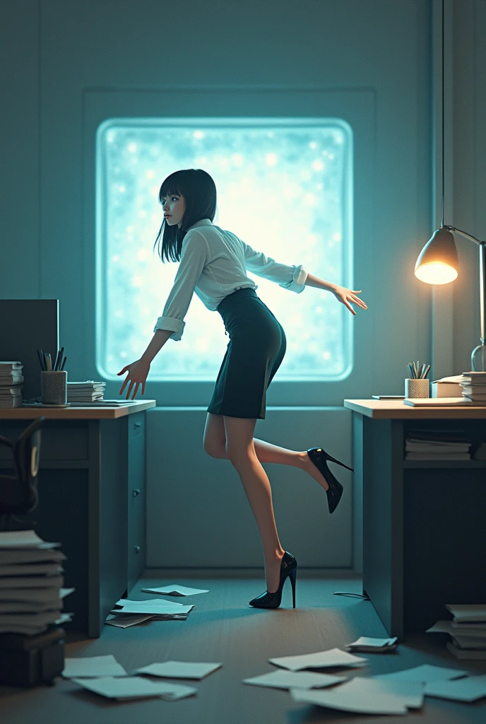 Office girl with documents is crawling into the computer screen