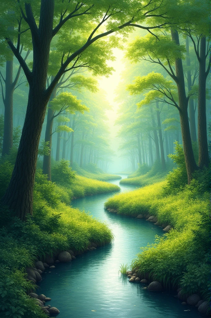 A serene forest landscape with a gentle stream flowing through, soft sunlight filtering through the leaves, vibrant greenery, reflected light on water, capturing the tranquility of nature, in a style of Claude Monet, brushstroke texture, dreamy atmosphere --s 120 --ar 1:1 --no people
