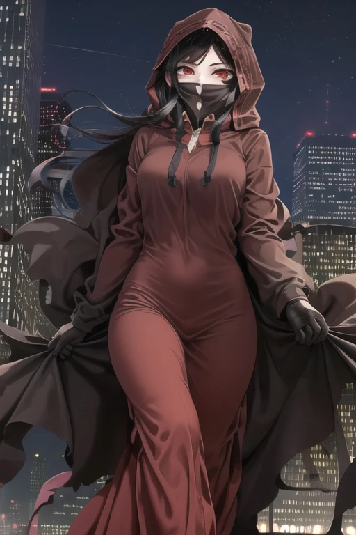 NNAssassinFSF, 1girl, solo, black hair, long cape sleeves, sleeves covered hands, long skirt, robe dress, long cape, cape, black cloak, hood up, black robe, covered mouth, white gloves, mask, hooded cloak, ((masterpiece, best quality)), from below, walking, red eyes, happy look, city, night