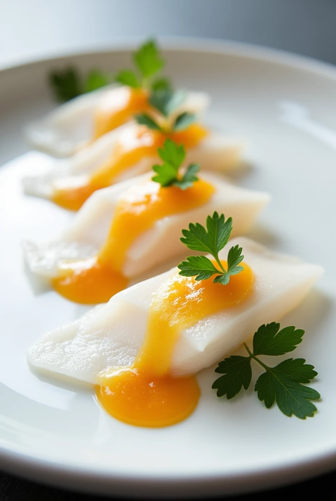   Sea Bass Sashimi With Passion Fruit Sauce:
Fresh sea bass sashimi slices arranged in a straight row, Add a few drops of passion fruit sauce to create a light sweet and sour taste. A little Vietnamese herbs like coriander or perilla leaves for extra flavor. This dish retains the delicacy and cleanliness of Japanese sashimi but adds the bright flavor elements from Vietnamese cuisine.. 
bày trí giống với fine dining theo phong cách minimalist culinary
