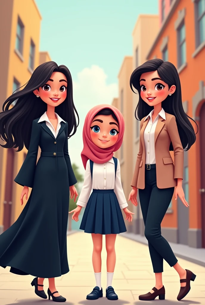 Three cartoon women,
one on the left wearing a black graduation uniform (black hair),
one in the middle wearing a white highschool uniforms, including a pink hijab,
and one on the right wearing an office worker uniform (black hair).