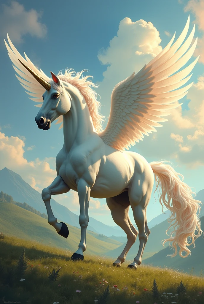 A muscly unicorn, with a female pegasus