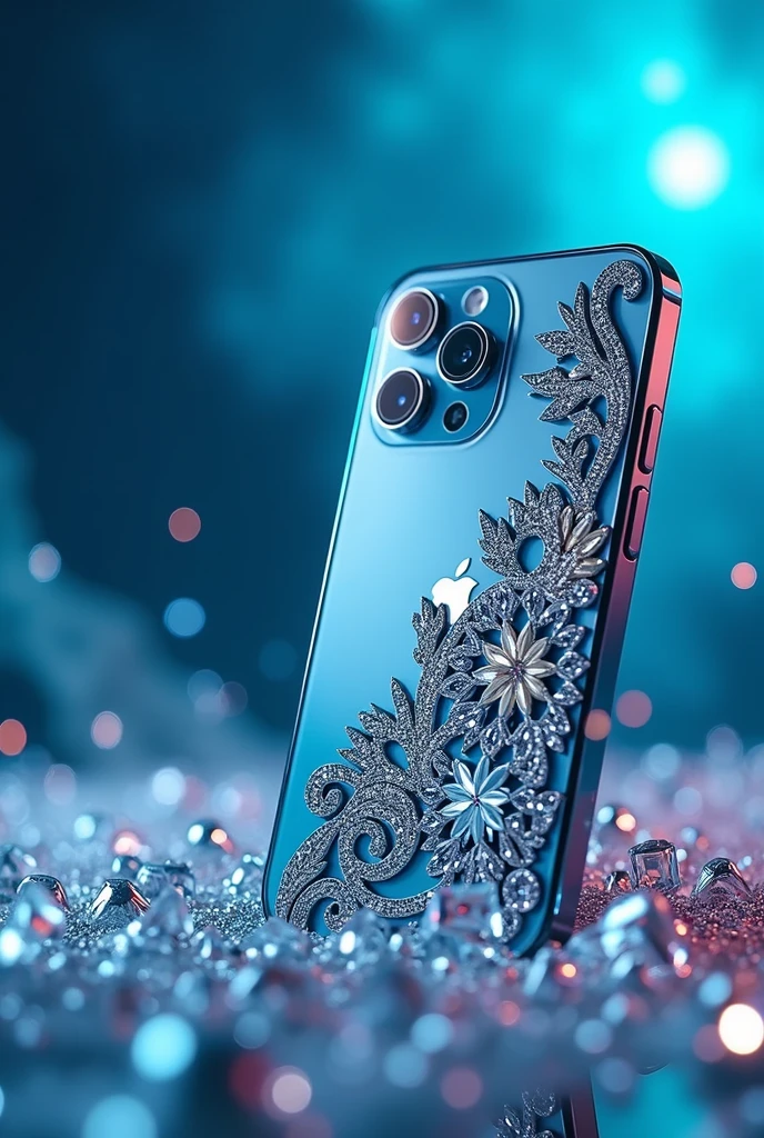 Photo of an iPhone 15 Pro Max with premium ladies case on it and photo of the background will be the purpose and bluish with some diamonds and sparkles on it and return the our brain name cover world below the photo