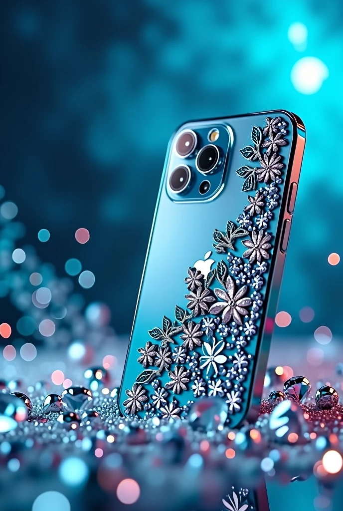 Photo of an iPhone 15 Pro Max with premium ladies case on it and photo of the background will be the purpose and bluish with some diamonds and sparkles on it and return the our brain name cover world below the photo