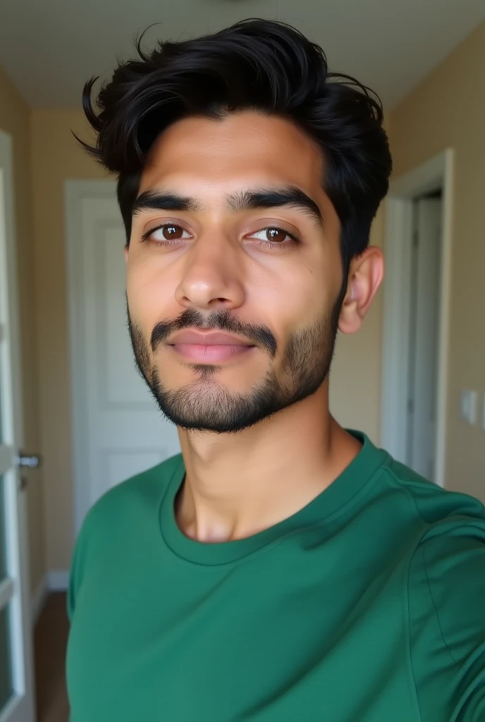 Handsome white Indian guy, 2, Korean glass skin, dark short hair
bit wider face, brown eyes and bit shorter hair
wider cheek
1 day beard
there is a line shaved in the right eyebrow, on a t-shirt fitting perfectly green t-shirt, looking back at camera selfie