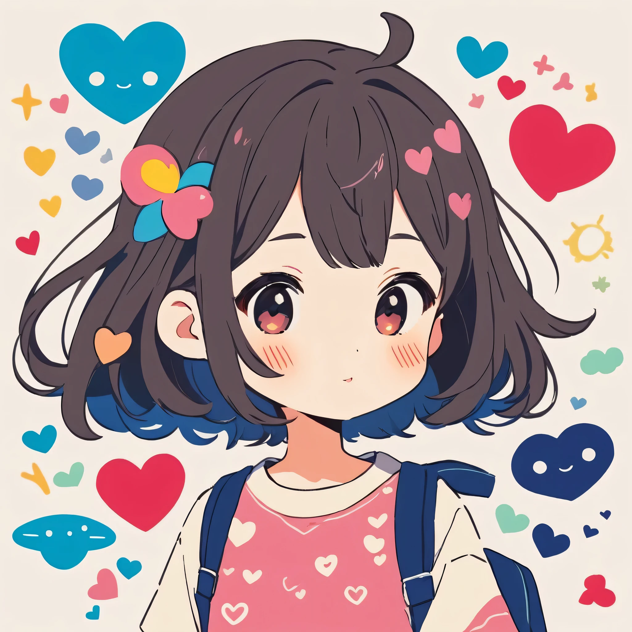 Makoto Shinkai colorful style, Simple Line Initialism,Abstract art,Kawaii Design, The most beautiful girl of all time、chibi, (((Cute aliens))), colorful hearts, summer version